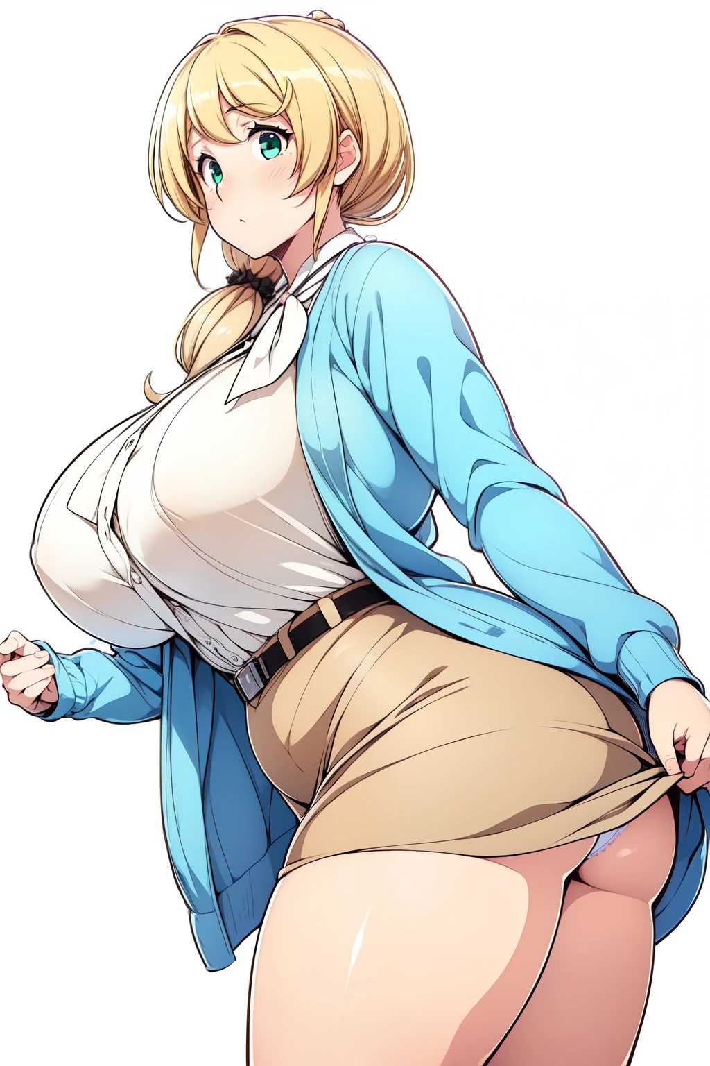 (Highly detailed CG,Highest quality,8k, masterpiece: 1.3),Super Detail, Ultra-high resolution, simple white background, Ellen Baker,girl(teacher),22 years old,Green Eye,Delicate eyes, hair(blonde,length,Loose Side Tail),(White transparent blouse),(Light blue cardigan),skirt lift,Cute pink panties, huge breasts, voluptuous thighs, thick thighs, showing thighs, (from side:0.8), nsfw,