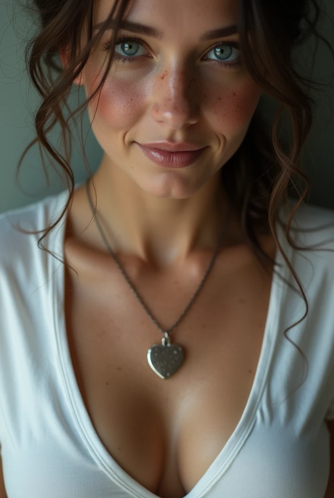 (masterpiece, photorealistic:1.4, extremely complex:1.3, radiation, photon mapping, dtx, 8 K), ((((heart necklace close up, White T-shirt, wet, [medium breast:Big breasts:0.8])), wet, [Skin detail:freckles:0.7], natural, 40 year old model), Blue eyes, Bock effect, Focus on face