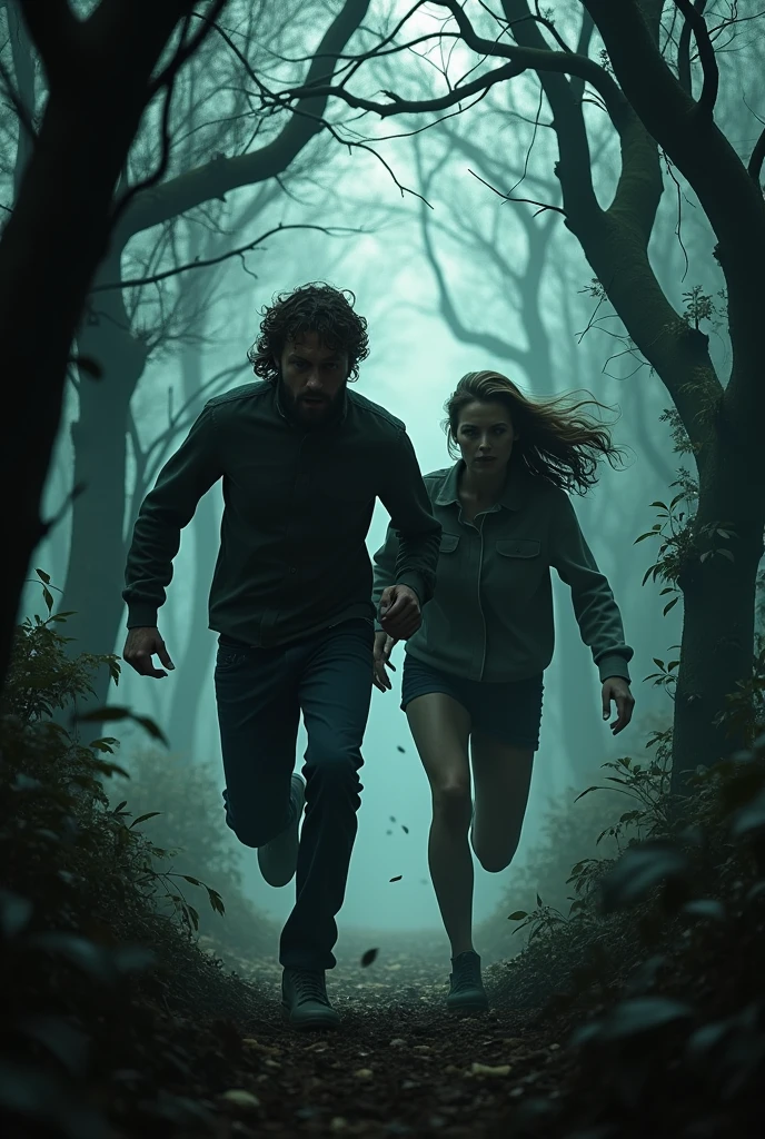 One man and one woman run in the middle of the scary forest with faces full of fear..