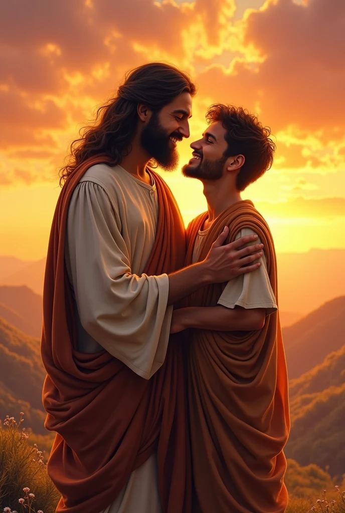 Jesus of Nazareth smiling hugging a young man with a sunset background