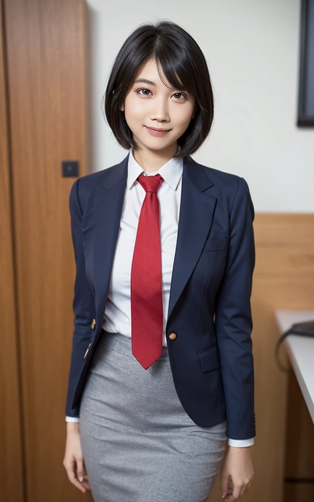 girl, Hyper Realistic, masterpiece, smile, portrait, bobhair, light gray pencil skirt suit, white shirt, red necktie, pantyhose