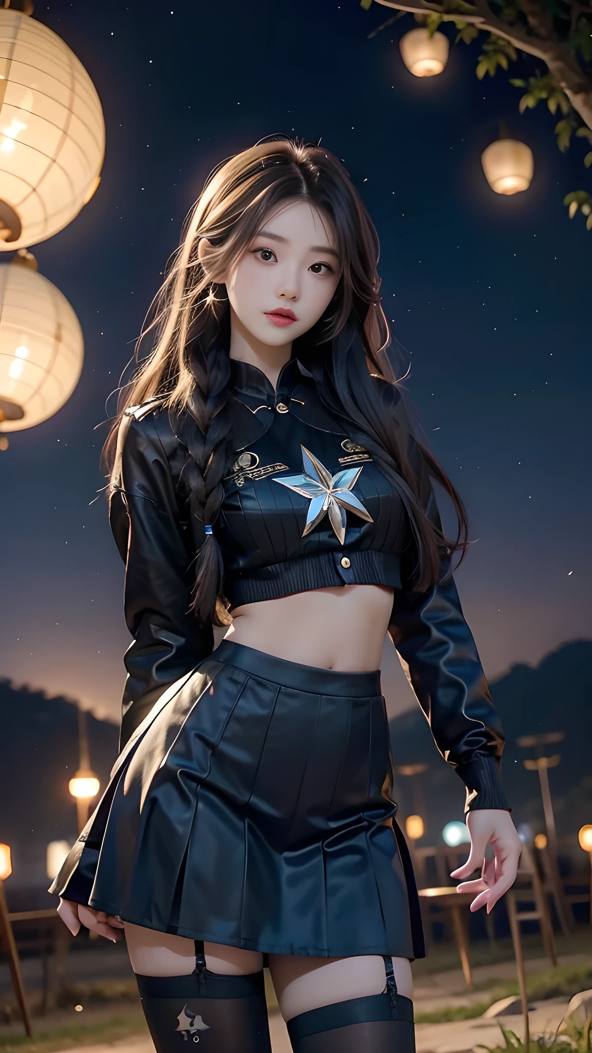 ulzzang-6500-v1.1, (RAW photo: 1.2), (Real photo), (Real photo: 1.4), 1 girl、Perfect anatomy、19 years old、Looking at the camera、Medium length hair、side braids, uniform short skirt, in a surreal royal garden, with many hanging lanterns, under the starry night sky, ((starry night: 1.1))、(Surreal tights: 1.2), (Business service)、Asian eyes Ella,