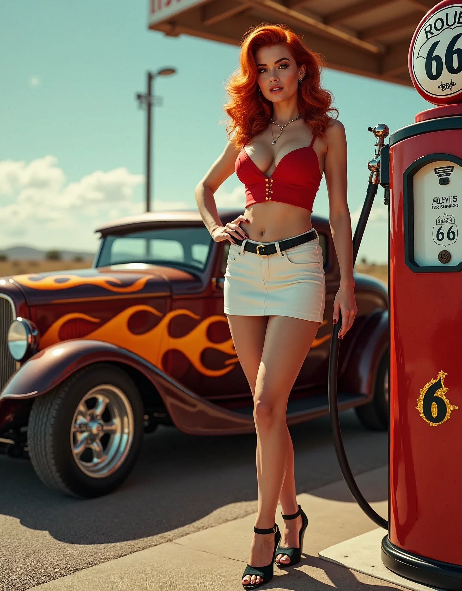 Wide-angle shot of a sizzling 1950s scene: a ravishing redheaded pin-up girl stands provocatively by a vintage gas pump at a full-service station on America's iconic Route 66. Her luscious locks are styled in a nostalgic '50s pin-up art flair, accentuating her hourglass figure and curvaceous silhouette. She sports a fitted white skirt, a bold red blouse with tantalizing cleavage, and black pantyhose with a garter belt and ankle-strap heels. The stunning roadster, a 1932 Ford hot rod, gleams in the sunlight, its orange and yellow flames burning bright against the backdrop of Route 66's open highway. retina, accurate, masterpiece, super detail, high details, best quality, award winning, highres, HD, 4K, 8k, 16k, realistic