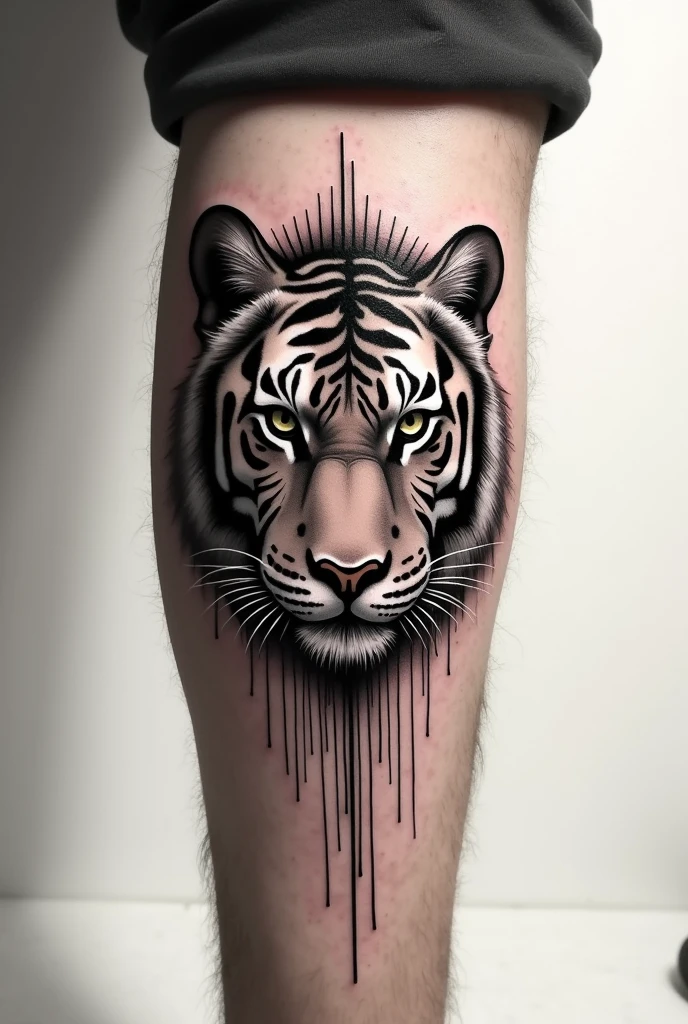 Men leg tattoo with tiger or lion single eye, just eye and simple line tattoo mixed with it 