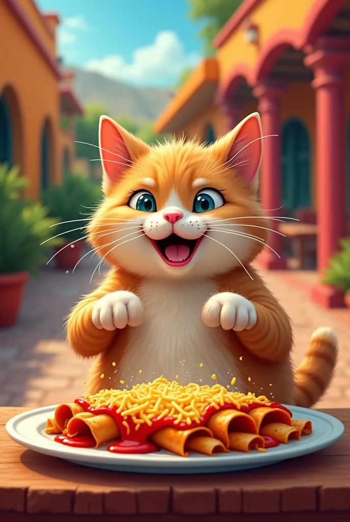 A meme of a cat eating enchiladas
