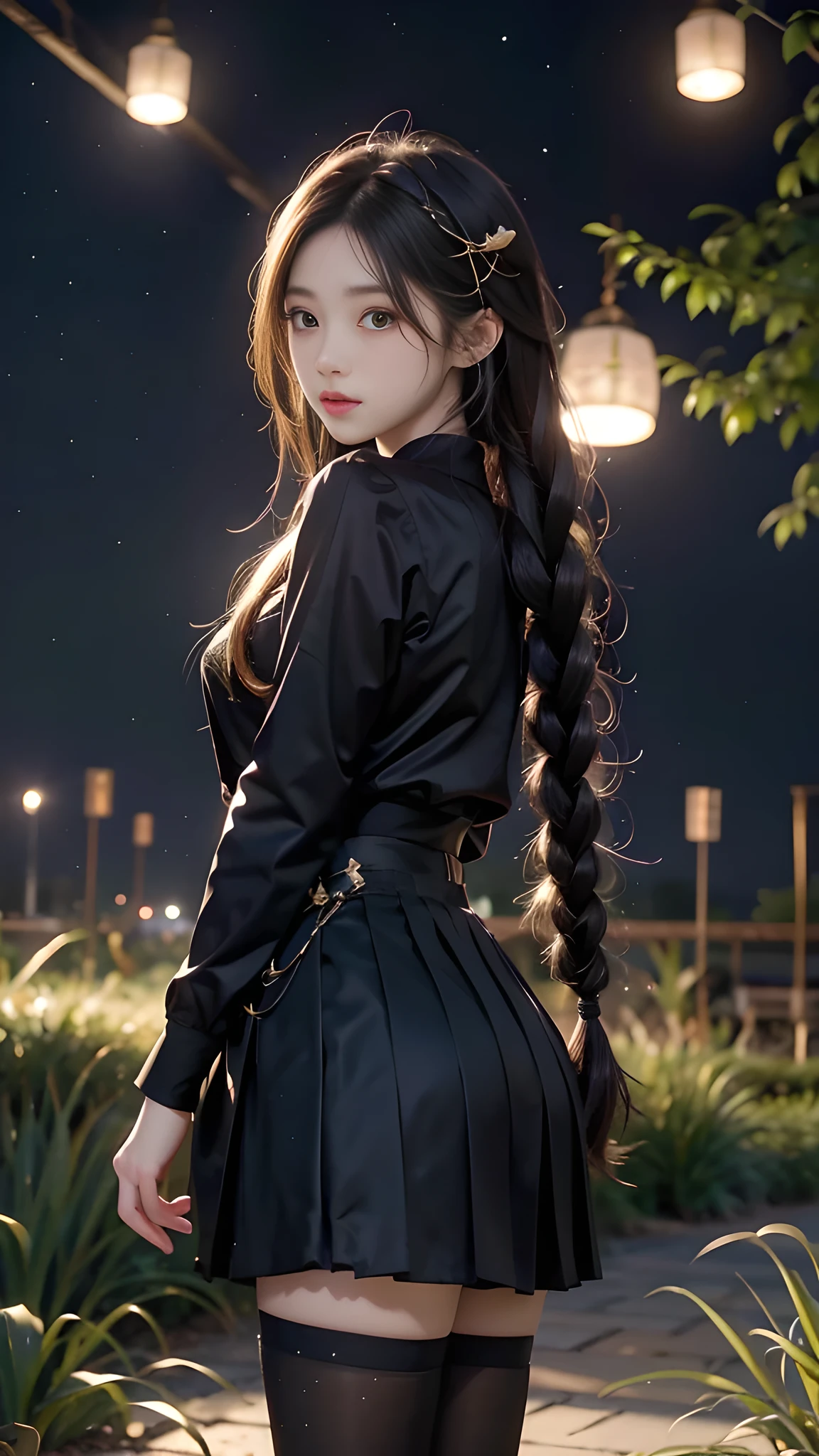 ulzzang-6500-v1.1, (RAW photo: 1.2), (Real photo), (Real photo: 1.4), 1 girl、Perfect anatomy、19 years old、Looking at the camera、Medium length hair、side braids, uniform short skirt, in a surreal royal garden, with many hanging lanterns, under the starry night sky, ((starry night: 1.1))、(Surreal tights: 1.2), (Business service)、Asian eyes Ella,
