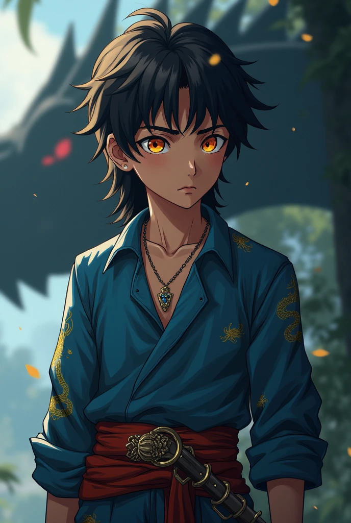 , Blue Pirate Shirt Unbutton, , round face, neck necklace,Hunting around his neck, serious face, Long Sleeve, Gold Dragon Pattern Shirt , Bright Orange Eyes, Firm Face, Long hair, black Hair, Handsome Man, Pirate Belt, Sword in hand , Blurred silhouette of a dragon in the shadows, , atmosphere , Anime manga style.