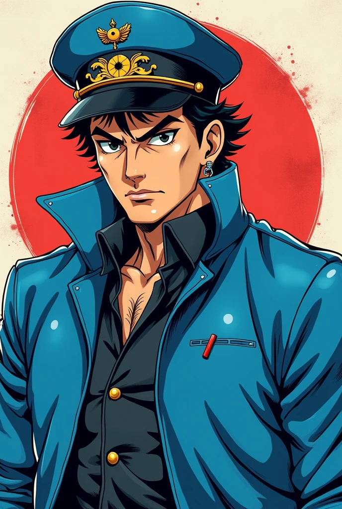 Anime character wearing a blue jacket, Joseph Joestar, jotaro kujo, Jojo anime style, jotaro, Becoming a JoJo character, In Jojo\The Bizarre Adventure of, Ninja scroll anime style, an angry muscular army general, Kentaro Miura's Manga Art Style, JJBA, Joe Biden as a JoJo character, striking manga artstyle,Dwayne Johnson style,((Defective Japan))
Japanese student cap,((Japanese Banchou)),Gaze to the upper left,((Japanese))