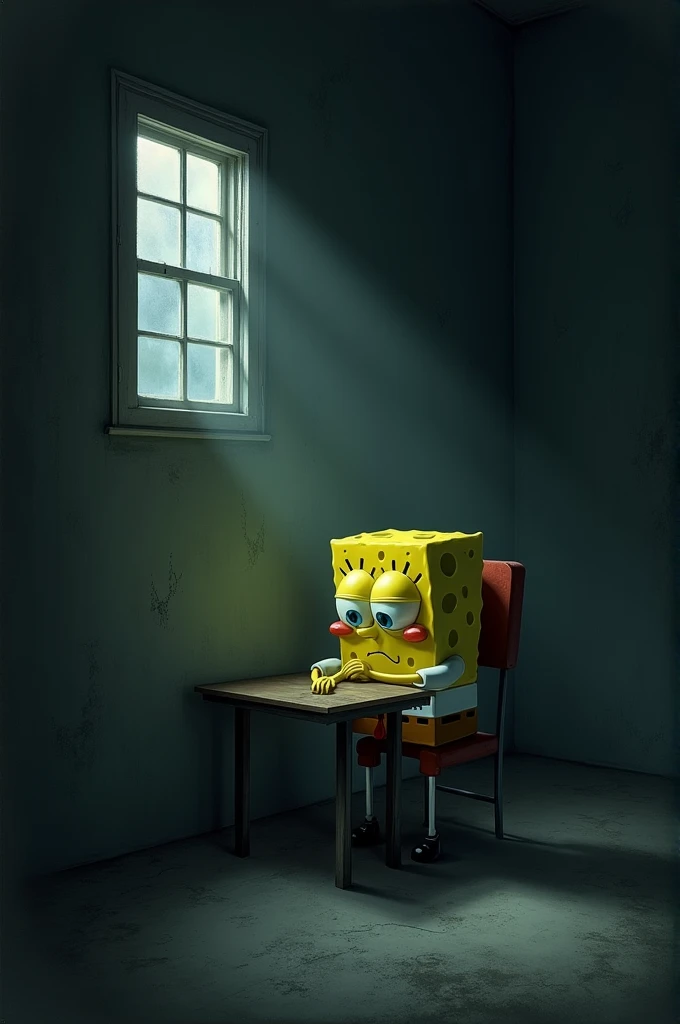 : Bob Esponja, in a dark and empty environment, sitting at a simple table. Your gaze is distant, and the surrounding environment is gloomy, with little light coming in through the window. The expression of deep sadness is evident on his face.