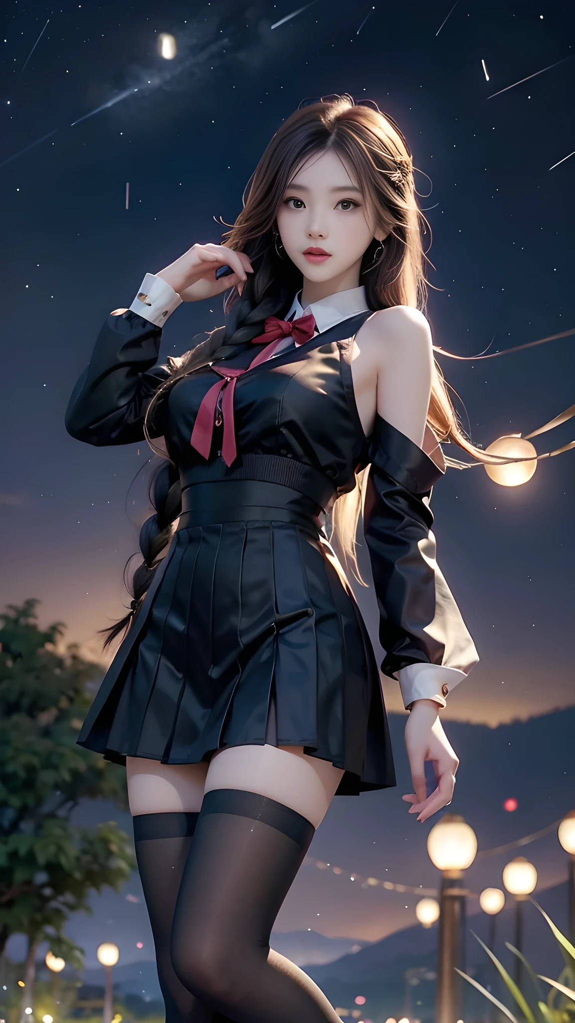 ulzzang-6500-v1.1, (RAW photo: 1.2), (Real photo), (Real photo: 1.4), 1 girl、Perfect anatomy、19 years old、Looking at the camera、Medium length hair、side braids, uniform short skirt, in a surreal royal garden, with many hanging lanterns, under the starry night sky, ((starry night: 1.1))、(Surreal tights: 1.2), (Business service)、Asian eyes Ella,
