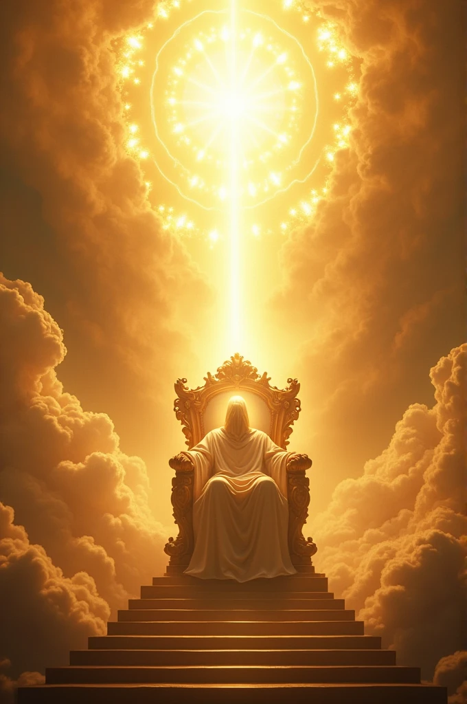 Make God sit on his throne and blush, with its face hidden in the intense brightness. Make clouds everywhere and many angels worshiping God. golden tones