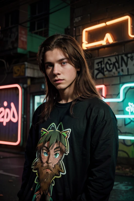 Character half aside, male, boy, , medium beard, red brown hair, green eyes, long hair, calm. wise, background with neon purple graffiti, utopian city, Surrealism, Minimalism, Expressionism, anime style, drop shadow, film grain, vignetting, silhouette, 1080P, anatomically correct