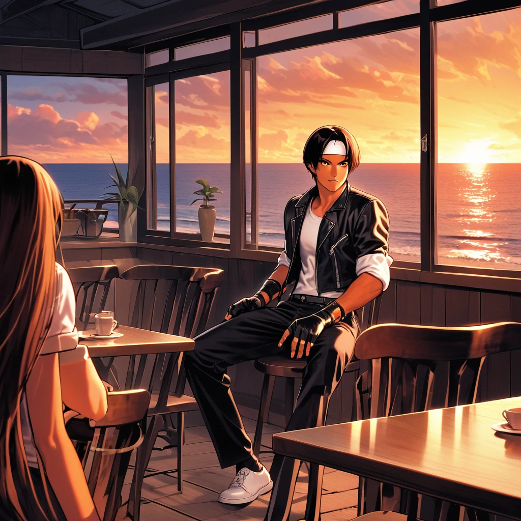 One person,woman,short hair,Dark Skin,Red eyes,（black jacket with sleeves rolled up）,Fingerless gloves,White T-shirt, （White headband on forehead）,Black trousers,White shoes,Tea belt,cute,Indoor Party,Charm Points,Ocean View,Slightly large chest,Outdoor,high quality,good looking,Confidence and surprise face,Dining with friends on the terrace,Vibrant atmosphere,Sit in a chair and look out at the sea