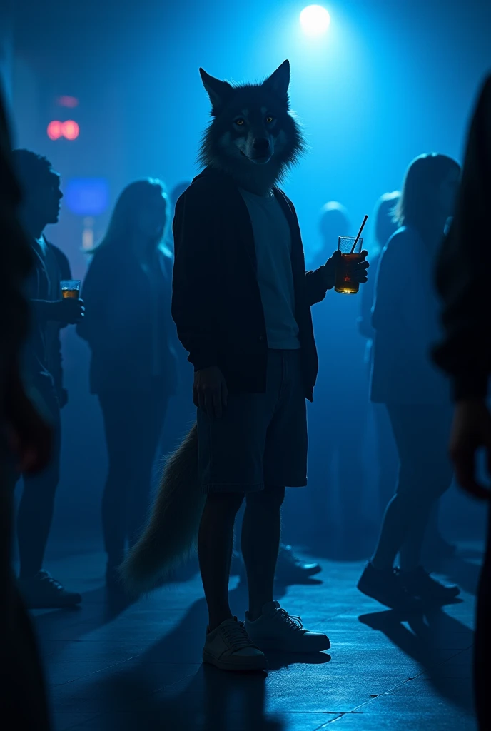 a university wolf, He is wearing a more casual outfit for a dark Halloween-themed party., he has a drink in his hand, in the background there is a dance floor, The air is gloomy, the reference color is blue