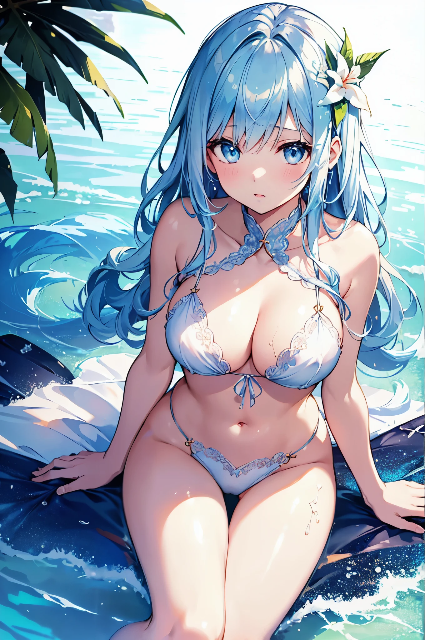 (Highest quality)、((Super detailed))、(Ultra delicate)、Cute girl、Dazzling bright sky blue hair、Shining Gold and Silver Eyes、Sexy and sheer pure white silk lace bikini、Beautiful breasts、Beautiful thighs、Tropical Beach、Top-down composition、Embarrassed、Looking up、Sexy wet see-through
