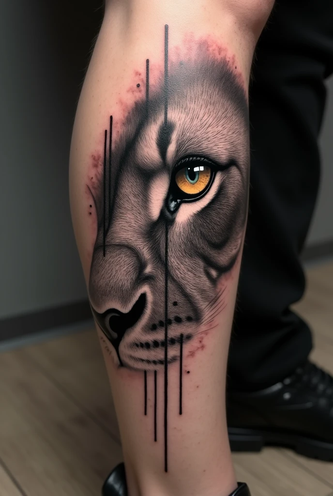 Men leg tattoo with lion single eye, just eye and simple line tattoo mixed with it