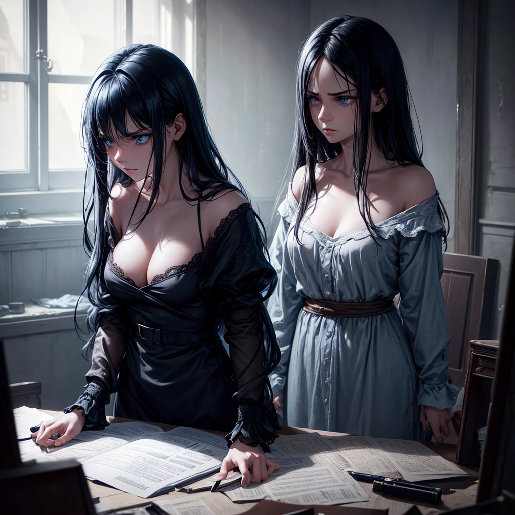 a young woman with beautiful detailed blue eyes, long black hair, disheveled clothes, an annoyed expression, on a messy bed in a dark apartment interior, high quality, 8k, photorealistic, chiaroscuro lighting, dramatic atmosphere, moody color palette, cinematic composition
