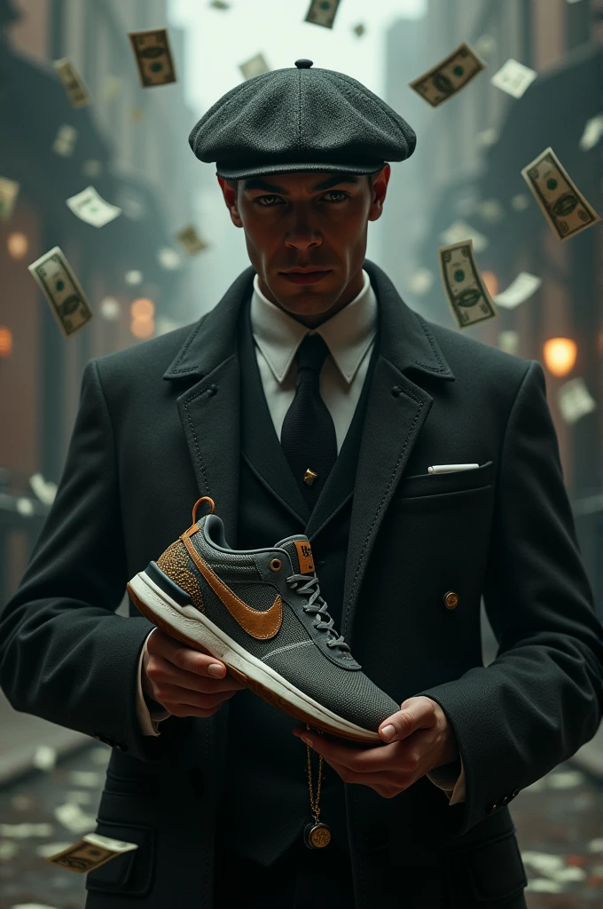 A dealer dressed like the Peaky Blinders holding a Nike sneaker in one hand and smoking a cigarette with the other, and behind him a shower of bills