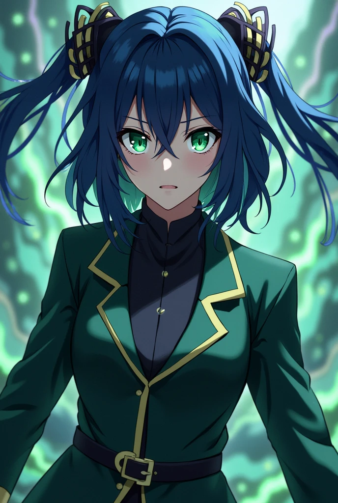 Jujutsu Kaisen, Female gender, dark blue hair, green eyes,con uniforme de Jujutsu Kaisen
