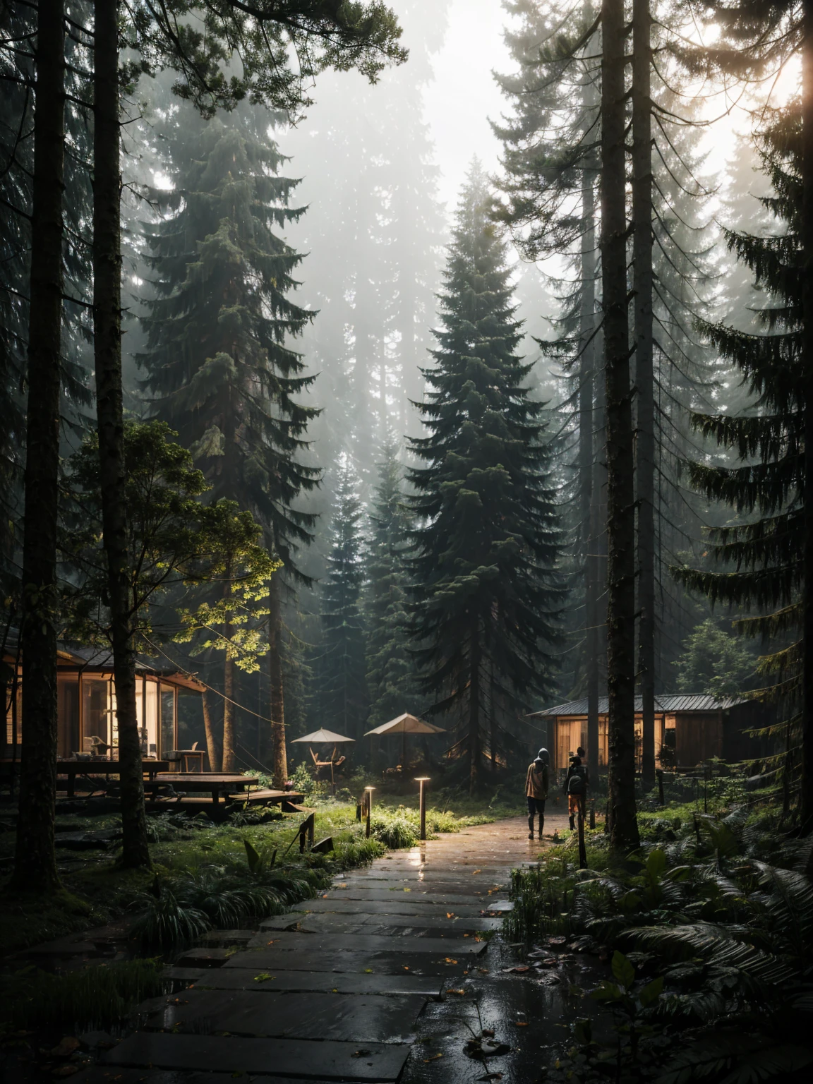 A dense Indonesian forest captured after a rainstorm, photographed in 4K using an iPhone 14 Pro Max with an ultra-wide lens. The scene is highly detailed and realistic, showing a narrow footpath leading through the wet foliage. It's nighttime, and the camera is set to night mode, illuminating the scene with soft light from lanterns placed around a camping area. The forest feels alive with the dampness of the recent rain, with a cozy and mysterious ambiance. Midnight
