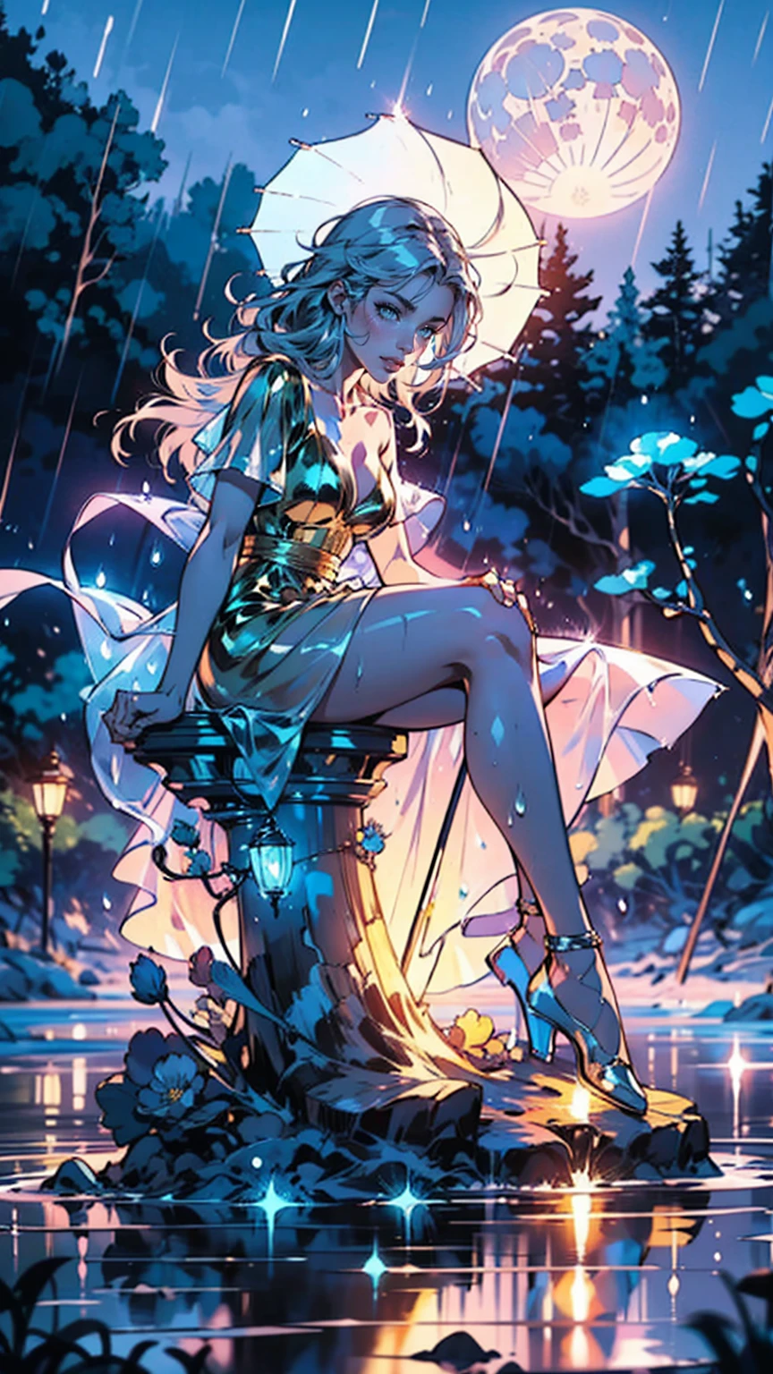 A Majestic Goddess meditating covered in golden and turquoise spice paint, with a fluid and diaphanous dress floating on the waves, with a lotus flower in her lap. Quick painting textured with small rough brush strokes and paint splatters. Epic Instagram shot, vivid color reflections, best quality, best proportions, griffiths flesh art and concept art by wadim kashin, classical dancer, psychedelic dancer movement, moving sea waves, body art by sakimichan art, oil painting with spatula, metallic colors, olpntng style, beautiful ager, splash effect, violent sea, ((goddess sitting on marble pedestal)), fluid paint, 3d liquid paint, 3d fractals, gold, silver and bronze metallic colors, particles light, dreamy, alcohol ink, 3d soft relief, bright sparkles, dreamy shine, conceptual art by alberto seveso, anna dittmann, arthur rackham, 16k, dripping paint, gold-silver and bronze oil painting, paint rain colors metallic, full body, full body, watercolor paper texture skin, watercolor texture skin, gold and silver metallic skin, olpntng style, young girl, splash effect, extremely fluid, 3d fractals, light particles, conceptual alberto seveso, anna dittmann, arthur rackham, 16k, oil painting, strong strokes, dripping paint, very long hair merged into the ocean, silver hair, fluid clothing merged into water, skin wet with water, (((transparent clothing showing body naked))), big and foamy waves, ((bubbles floating)), Greek column, ((night sky with full moon)), ((sky sunset storm and rain)), Ica sitting in front, naked girl, well-detailed eyes, beautiful eyes, golden eyes, (lamp and lantern), (surreal old floating object), surreal art, overexposure art,, wlop art, ((flowers, silhouette of trees, floral garden)), ((umbrella, parasol)), flowers, ((goddess sitting on marble pedestal)), ((night sky with full moon)), ((sky sunset storm and rain))