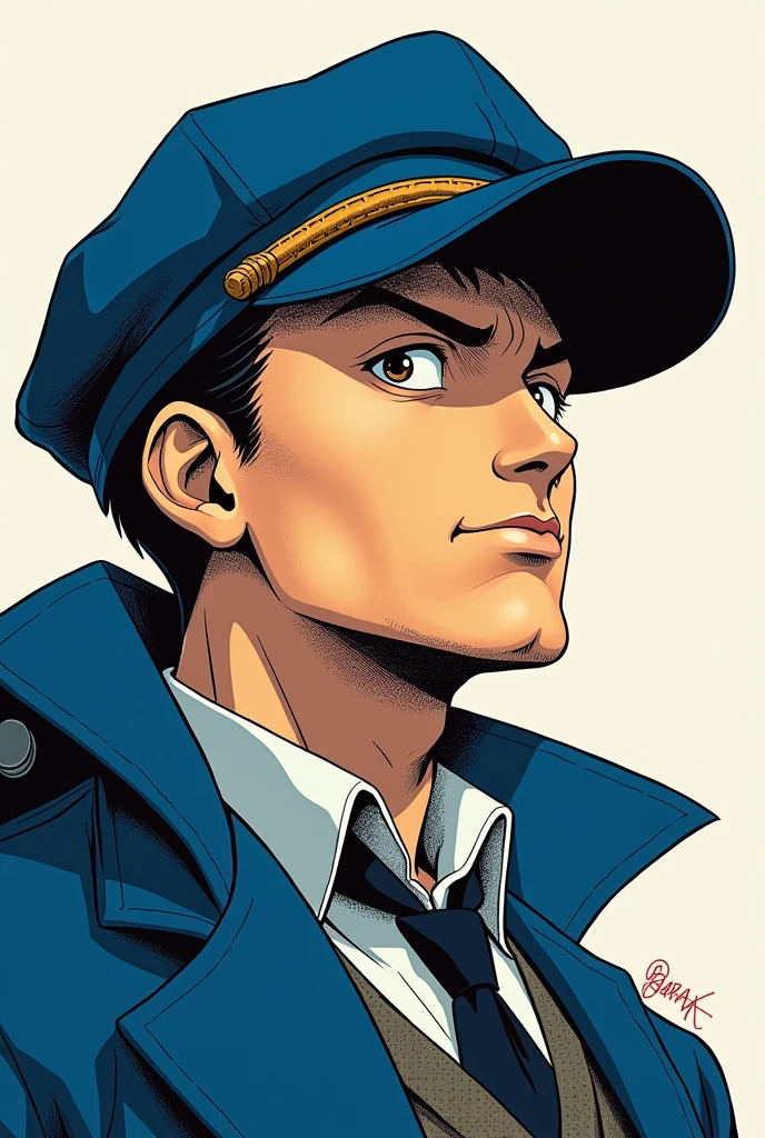 An anime character wearing a blue hat and a blue jacket, jotaro kujo, Jojo anime style, jotaro, Becoming a JoJo character, JoJo's Bizarre Adventure,, Kentaro Miura's Manga Art Style, JJBA, Joe Biden as a JoJo character, striking manga artstyle,Dwayne Johnson style,((Defective Japan))
((Looking at top left))
((profile))
((Evil Face))
Japanese student cap,((Japanese Banchou))
((Showa era delinquents))