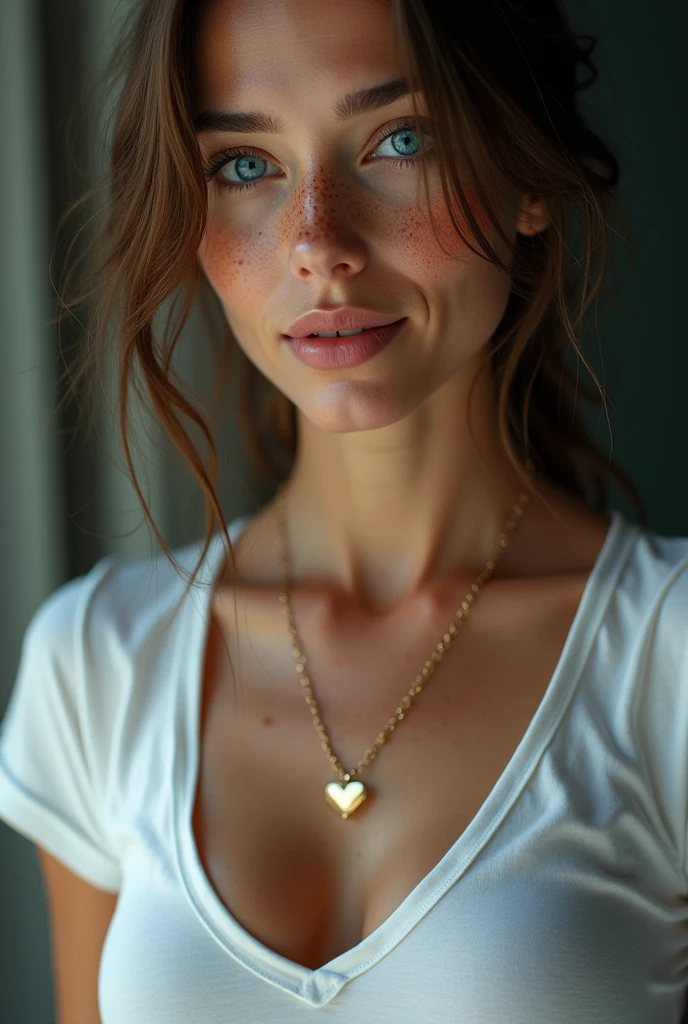 40 year old woman, bright blue eyes, (masterpiece, photorealistic:1.4, extremely complex:1.3, radiation, photon mapping, dtx, 8 K), ((((heart necklace close up, White T-shirt, wet, [medium breast:Big breasts:0.8])), wet, [Skin detail:freckles:0.7], natural), Bock effect, Focus on face
