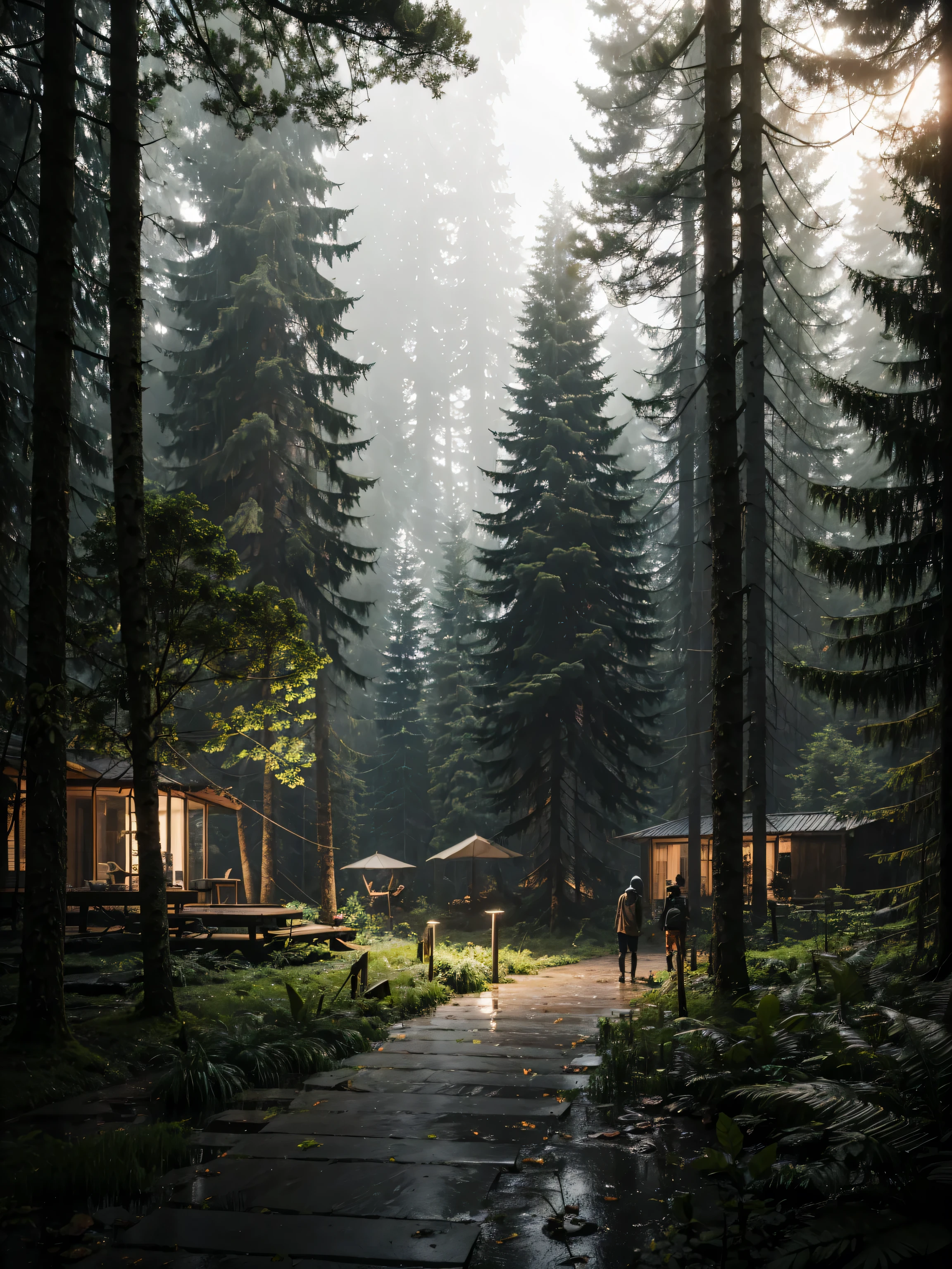 A dense Indonesian forest captured after a rainstorm, photographed in 4K using an iPhone 14 Pro Max with an ultra-wide lens. The scene is highly detailed and realistic, showing a narrow footpath leading through the wet foliage. It's nighttime, and the camera is set to night mode, illuminating the scene with soft light from lanterns placed around a camping area. The forest feels alive with the dampness of the recent rain, with a cozy and mysterious ambiance. Midnight