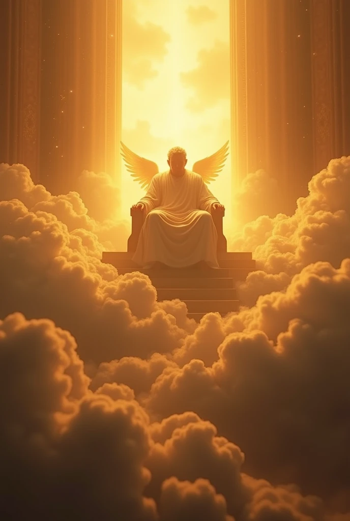 Make God sit on his throne and blush, with its face hidden in the intense brightness. Make clouds everywhere and many angels worshiping God. golden tones
