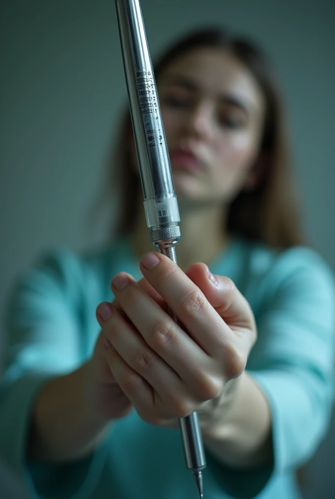 Woman&#39;s hand holding a large hospital needle
