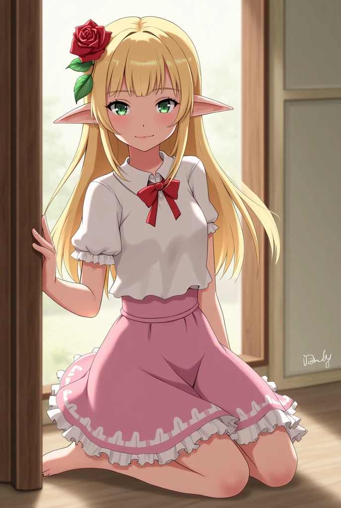 2d anime, girl , elf, hair rose, withe dress