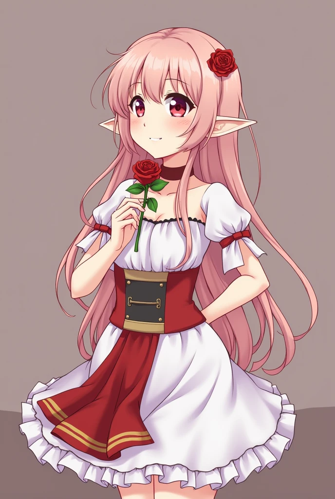 sfw, (cowboy shot), (ultra-high resolution, depth of field:1.3), 1woman, elegant, ((tan skin)), ((light red hair)), long hair, (single braid), choker, (pink eyes:1.1), white pupils, (bat wings on the head), pointy ears, medium breasts (intricate dark blue sundress), belt, confident smile, bar scenery