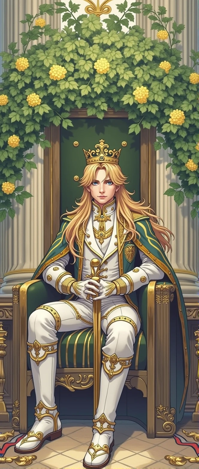 Claro, Here's an image prompt for a realistic portrait of a prince:
A realistic portrait of a young and handsome prince. Ele tem cabelos loiros e olhos azuis, and is wearing a formal princely costume. He's sitting on a throne, with a crown on his head and a sword in his hand. The background is a luxurious throne room, com paredes douradas e colunas entalhadas.