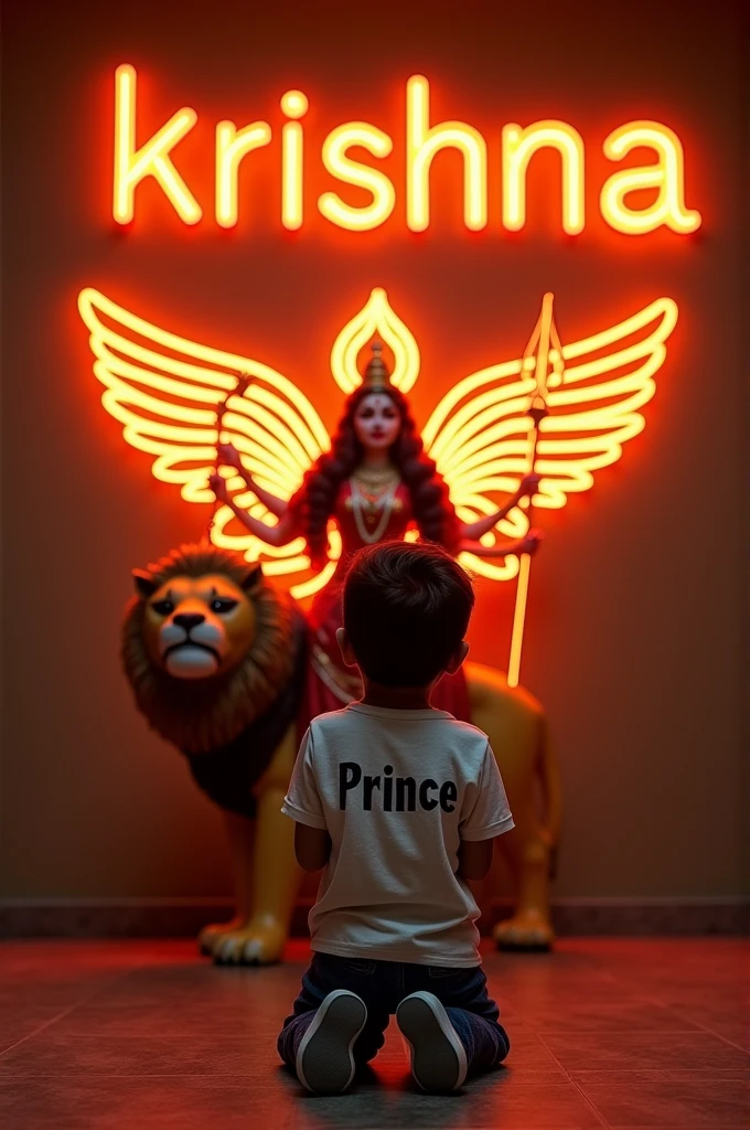 Create realistic Full picture" A Boy is worshiping Durga Mata, seated in front of the Durga Mata and Durga Mata is sitting on a lion and has trishul in her hands and "Prince" is written on the Boy tshirts and the Boy is worshiping and also in Big and bold orange Neon light fonts written "krishna dantani" on the brown wall. She has no shadow and there are realistic neon wings to make it appear as if she is an angel.
