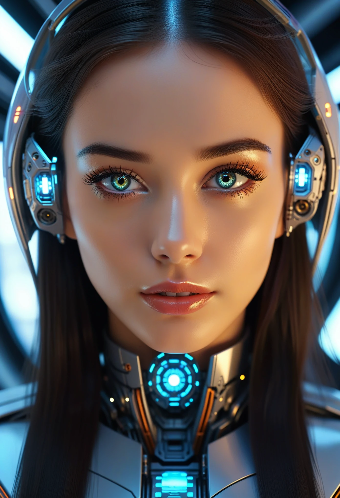 a beautiful young woman, mechanical engineering, inside a futuristic spaceship, highly detailed facial features, extremely detailed eyes and face, long eyelashes, intricate mechanical components, advanced technology, glowing panels, holographic displays, sleek metallic surfaces, cinematic lighting, dramatic sci-fi atmosphere, vibrant colors, photorealistic, 8k, best quality, masterpiece