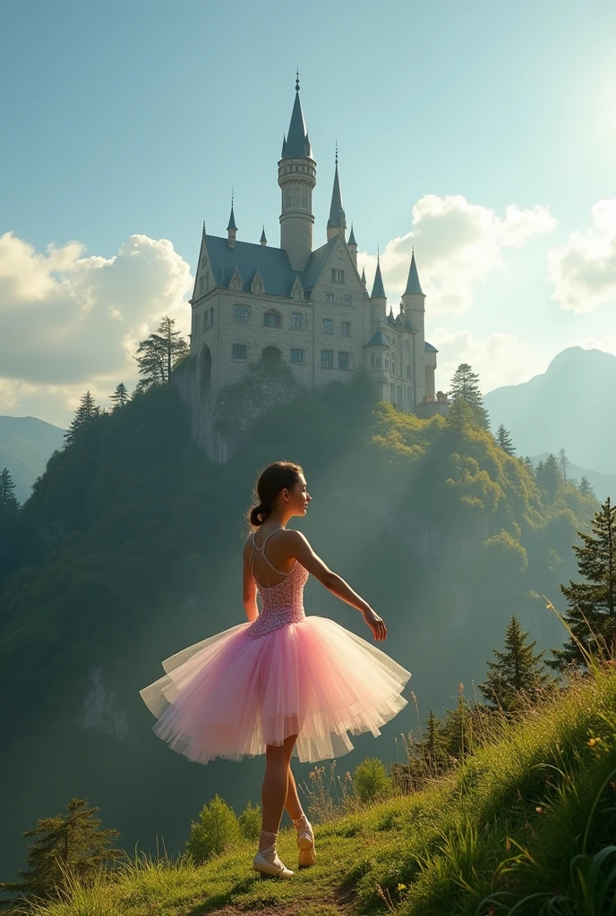 An imposing castle perched atop a lush green hill. Ao fundo, A clear blue sky with some fluffy white clouds. Sunlight illuminates the castle, creating soft shadows that highlight its structure. The ballerinas wear ethereal, shimmering costumes, with tulle dresses that capture the evening light and reflect soft colors like pink, lilac and silver. Your shoes are tip top
