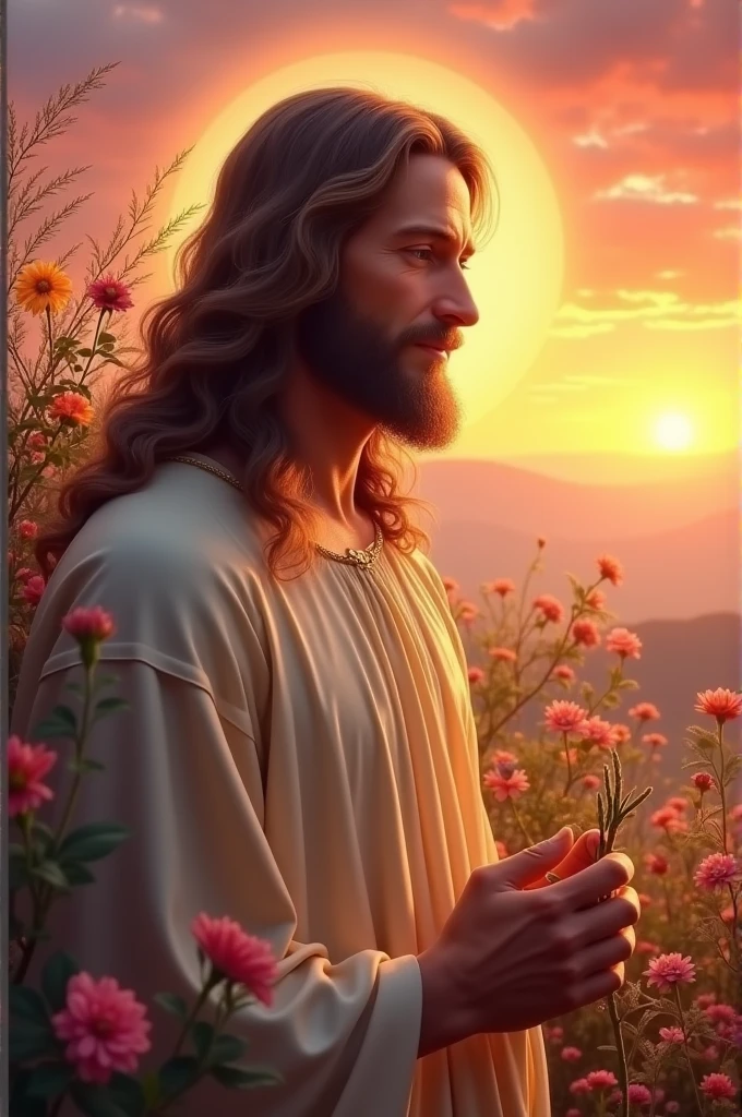 Jesus smiling looking ahead with a sunset in the background and flowers 