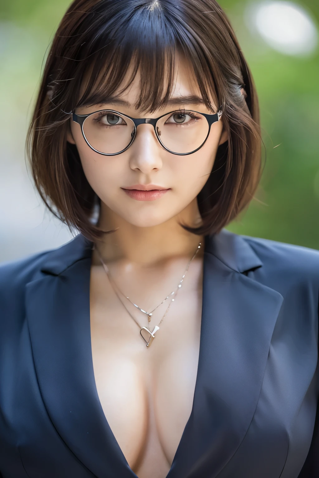 necklace、Captivating breasts、I can see her cleavage、sexy、Inconspicuous、Quiet、beautiful girl、Japanese、Beautiful breasts、Short Bob、suit、Round face、Round glasses、job hunting、Big Breasts,Ultra-Realistic Capture, Very detailed, High resolution 16K human skin close-up. Skin texture must be natural, So detailed that even pores can be distinguished. Skin looks healthier, In a unified tone. Use natural light and color,(RAW Photos, highest quality), highest quality, Very detailed, masterpiece, Super detailed