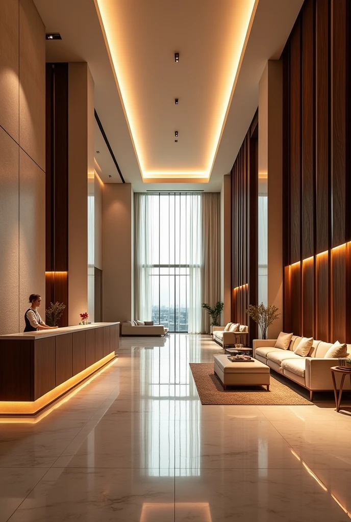 I have a large, luxurious hotel. I want to see the hotel reception on one side in a large space with a person serving customers.