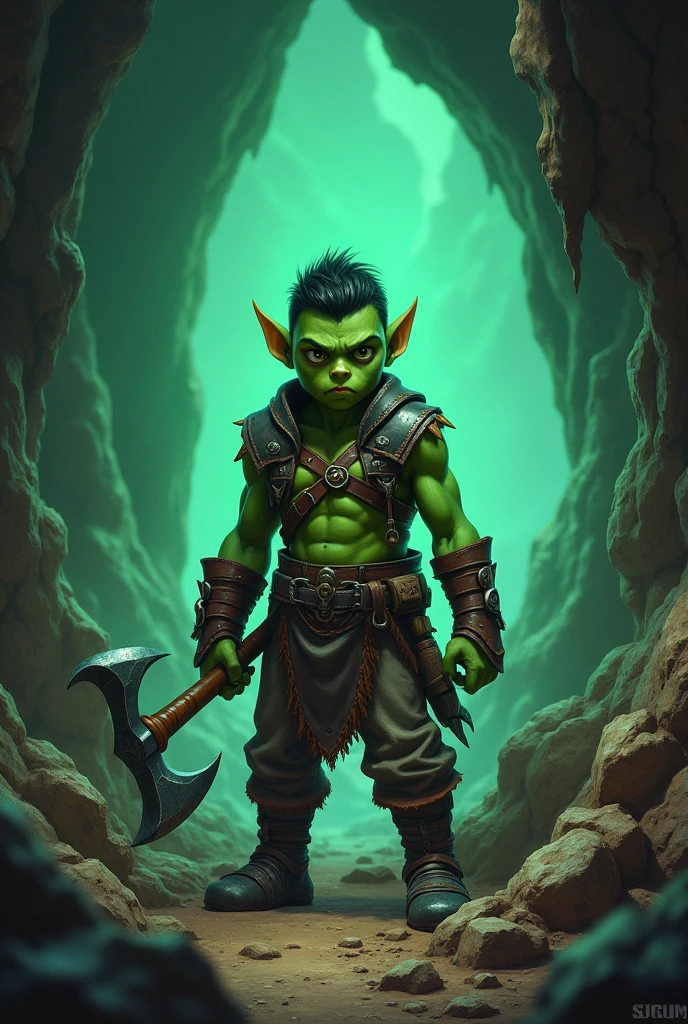 Young skinny green-skinned orc inside a cave with a pickaxe in his hands and ores glowing in the background