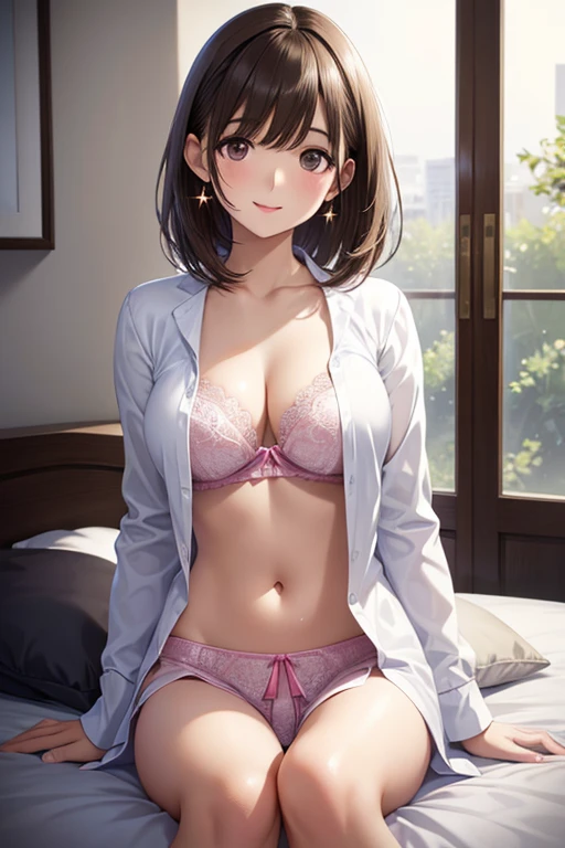 anegasaki nene、Shiny brown hair, short hair, (Beautiful brown eyes、Sparkling eyes, Fine grain)、smile、Ultra-detailed eyes、Highly detailed face, Highly detailed eyes,


(masterpiece,Highest quality,High resolution,Highest quality,Super Details),8k,wallpaper,An illustration,
, Mid-chest, Slim legs, Nervous,  pajamas, Cleavage, Bedroom, belly button