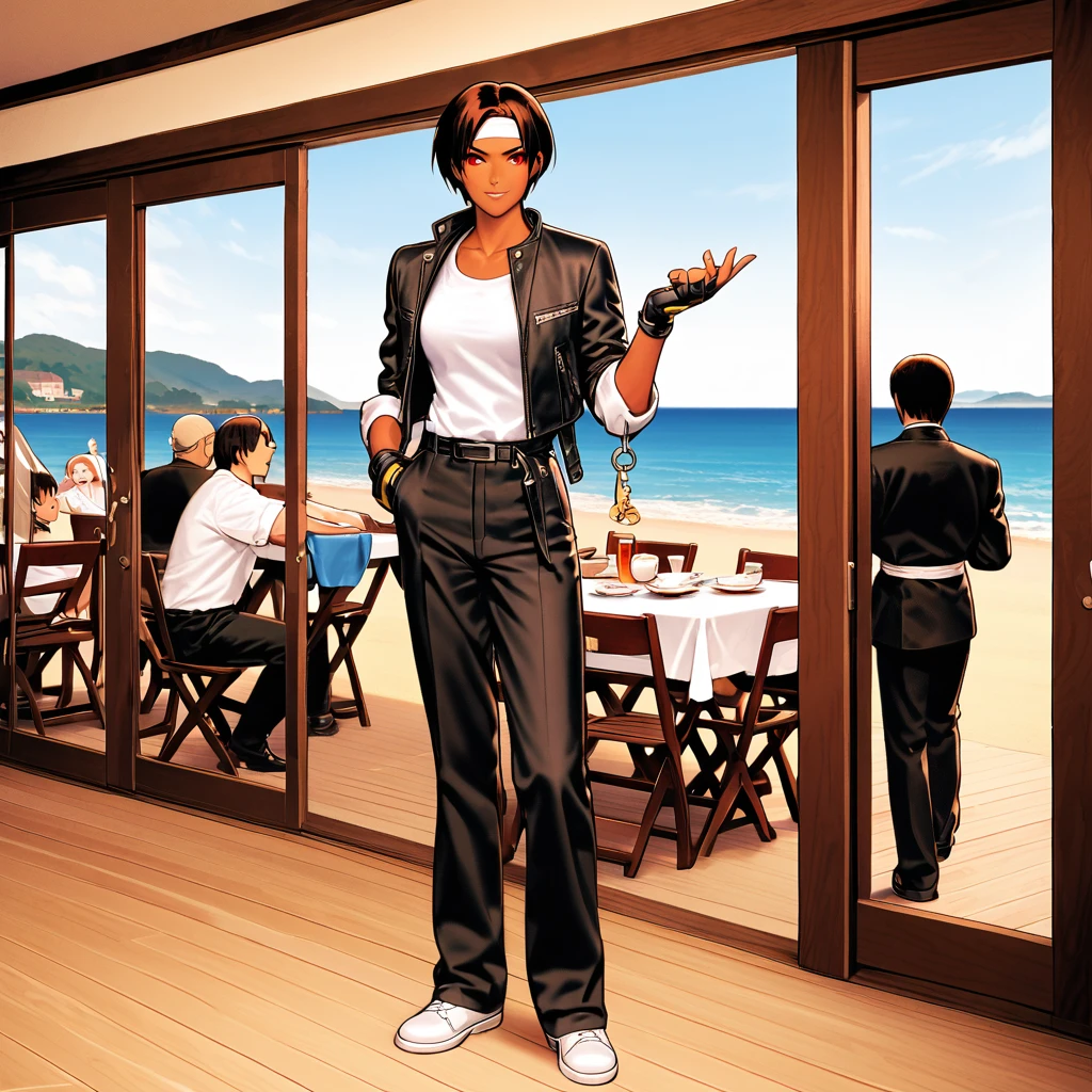 One person,woman,short hair,Dark Skin,Red eyes,（black jacket with sleeves rolled up）,Fingerless gloves,White T-shirt, （White headband on forehead）,Black trousers,White shoes,Tea belt,cute,Indoor Party,Charm Points,Ocean View,Slightly large chest,Outdoor,high quality,good looking,Confidence and shyness,Dining with friends on the terrace,Vibrant atmosphere,Standing by the window,Looking out to sea