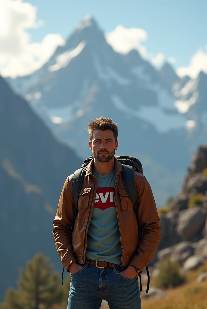 Handsome man wearing a Levi's leather jacket carrying a large backpack, on the shirt is written the name TONI. standing facing the beautiful mountains