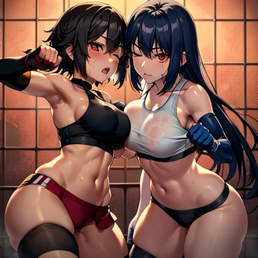 Wearing a monokini。Two beautiful young Japanese female mixed martial artists fighting in the Octagon。Rivals。Covered in blood。Face、They look each other in the eye, glare at each other, and punch each other.。Throwing punches。Intense fistfights。Extremely sweaty。Black Hair。Erect nipples。