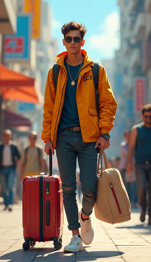 A  20 years old boy  wearing attractive clothes with a trolley bag and pittu bag