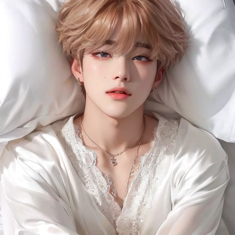 araffed male in a white robe laying on a bed, cai xukun, jimin\'s plump lips, jimin, kim doyoung, jung jaehyun, hyung tae, park jimin, accurate jimin face, jungkook, male ulzzang, taejune kim, jinyoung shin, beautiful young prince, jimin\'s grecian nose, beautiful androgynous prince, Kim Taehyung, Korean face, v of BTS, taehyung