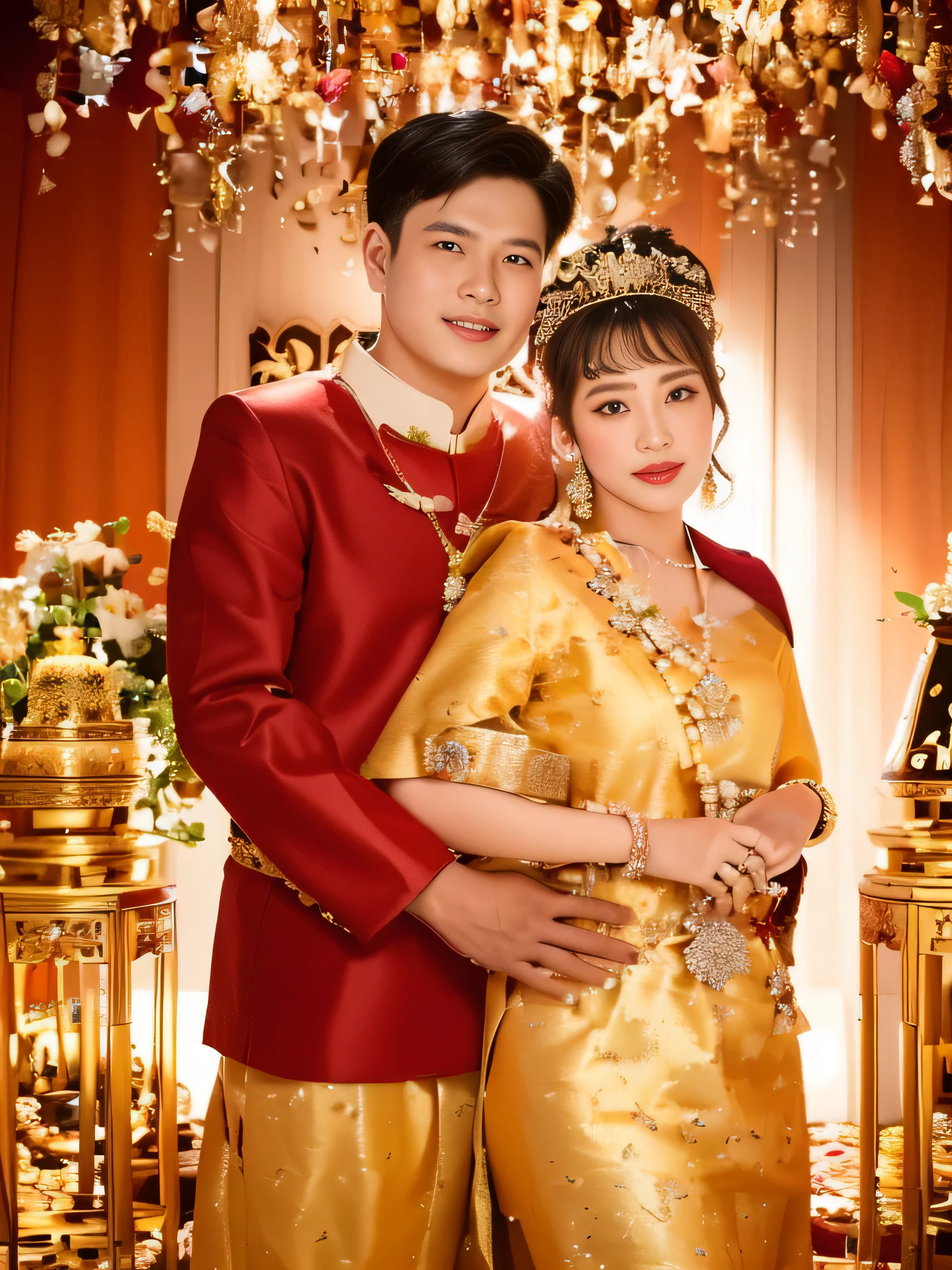 This image captures a traditional wedding portrait of a couple dressed in ornate and vibrant ceremonial attire, likely representing a specific cultural or national heritage. Both individuals are adorned with intricate golden costumes and jewelry, which include elaborate patterns and accessories that suggest a formal and celebratory occasion. The background is decorated with floral arrangements and cultural artifacts, enhancing the ceremonial feel of the photograph. The couple's attire and the setting indicate the importance of tradition and the celebration of cultural heritage at their wedding.
