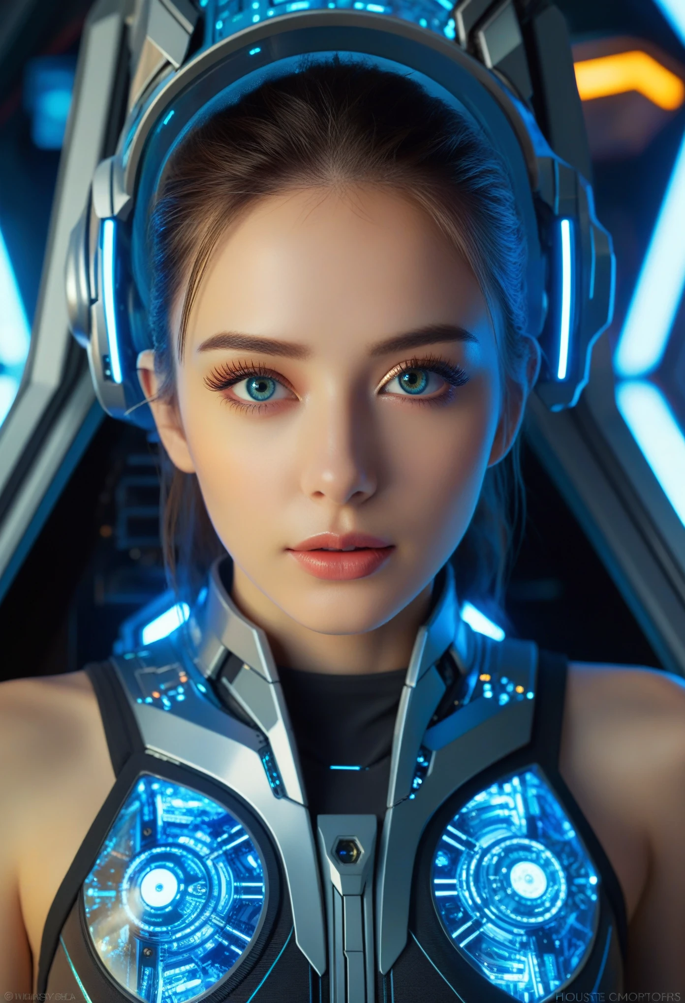 a beautiful young woman, mechanical engineering, inside a futuristic spaceship, highly detailed facial features, extremely detailed eyes and face, long eyelashes, intricate mechanical components, advanced technology, glowing panels, holographic displays, sleek metallic surfaces, cinematic lighting, dramatic sci-fi atmosphere, vibrant colors, photorealistic, 8k, best quality, masterpiece