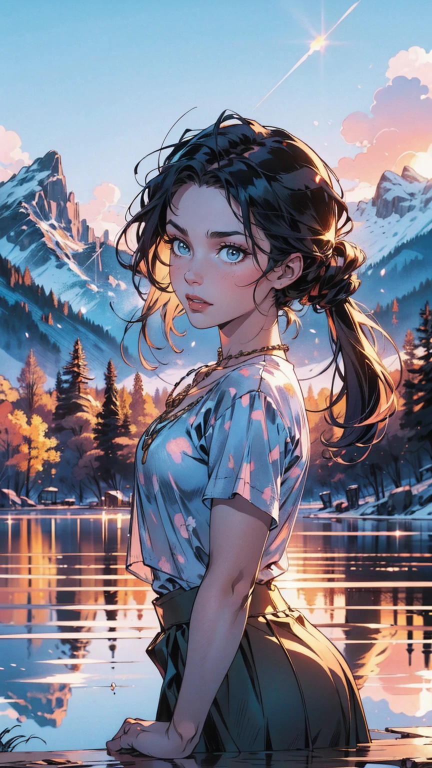 1 girl, happy expression, charming eyes, straight long hair, flowing skirt, big, looking at the sun, calm posture, porcelain-like skin, subtle blush, crystal pendant BREAK Golden Hour, (edge lighting): 1.2, cool colors, sun flare, soft shadows, bright colors, painting effects, fantastic atmosphere BREAK Scenic lakes, distant mountains, pine trees, mountain tops, reflections, sunlit clouds, tranquil atmosphere, idyllic sunrise, Ultra detailed, official art, unified 8k wallpapers, zentangle, mandala
