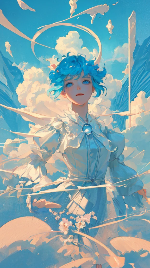 masterpiece, best quality, movie still, 1girl, floating in the sky, cloud girl, cloud, (close-up:1.1), bright, happy, fun, soft lighting, (Bauhaus, shapes, lines, abstract:1.1)